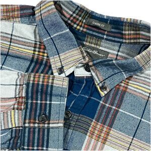 Eddie Bauer Men’s Favorite Flannel Classic Fit Blue Orange Yellow Plaid Sz Large